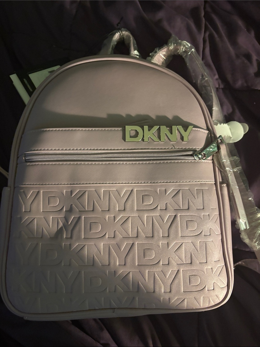 DKNY Lilac Embossed Logo Mini Backpack with Front Zip